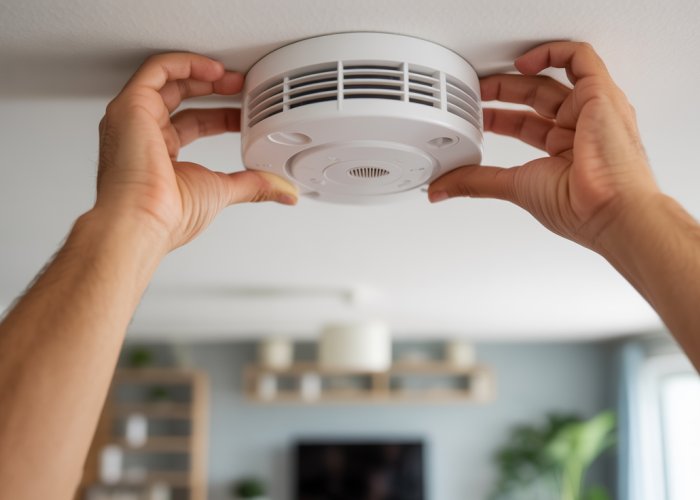 Person installing a carbon monoxide detector in their living room for home safety.