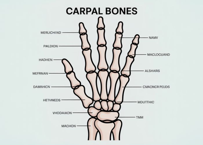 Wrist bones diagram with acronym for medical students to easily remember carpal bone names: Scaphoid, Lunate, Triquetrum, Pisiform, Trapezium, Trapezoid, Capitate, Hamate.