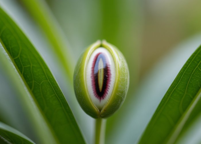 Close-up of a Cat Eye Seed showing distinctive feline-like markings.