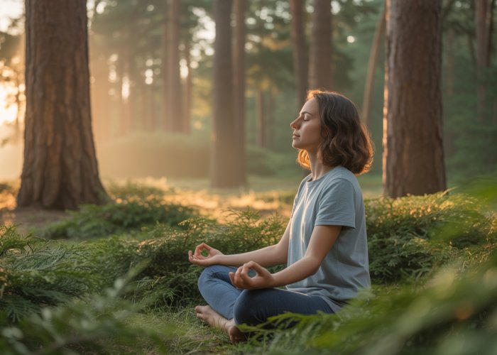 Person meditating in a cedar forest at dawn, feeling a spiritual connection.