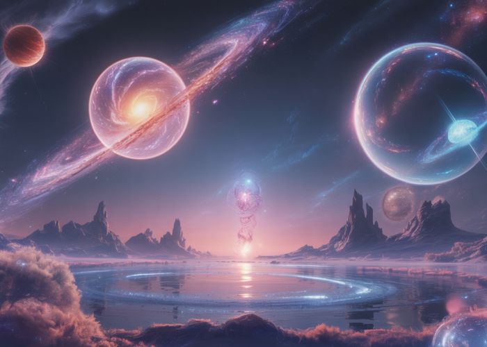 A breathtaking view of a celestial realm with swirling nebulae and distant galaxies.