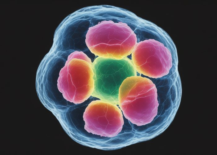 Microscopic view of a cell with a uniquely colored nucleus.