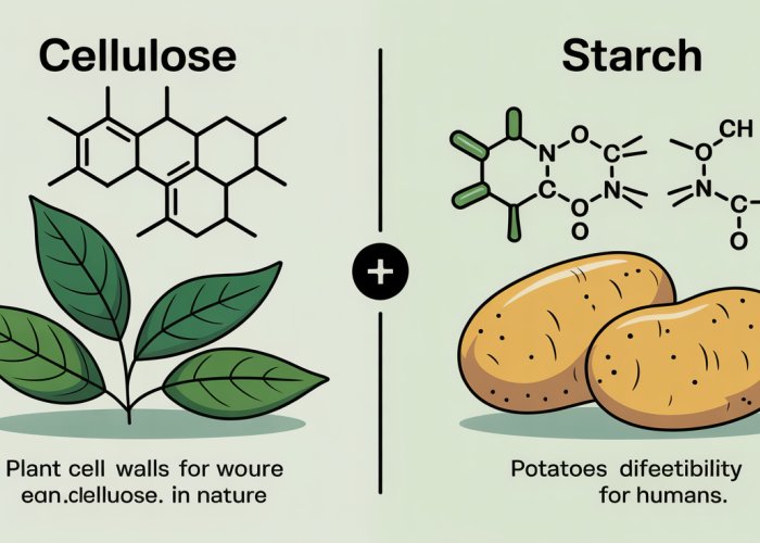 Diagram illustrating the molecular structures of cellulose and starch, highlighting their differences and examples of where they're found in plants.
