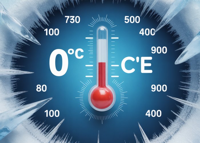 Thermometer showing 0°C with ice crystals forming, illustrating the Celsius freezing point.