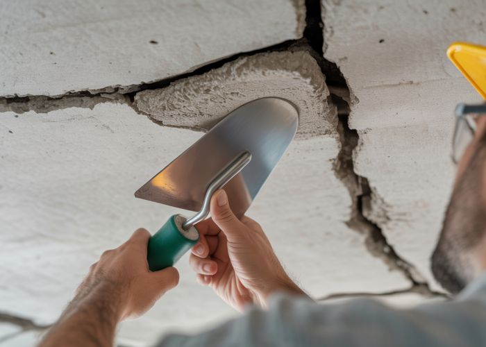 Repairing a cracked cement ceiling with patching compound and a trowel.