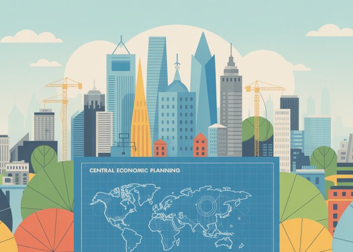 Cityscape with overlay of blueprint graphic representing central economic planning.