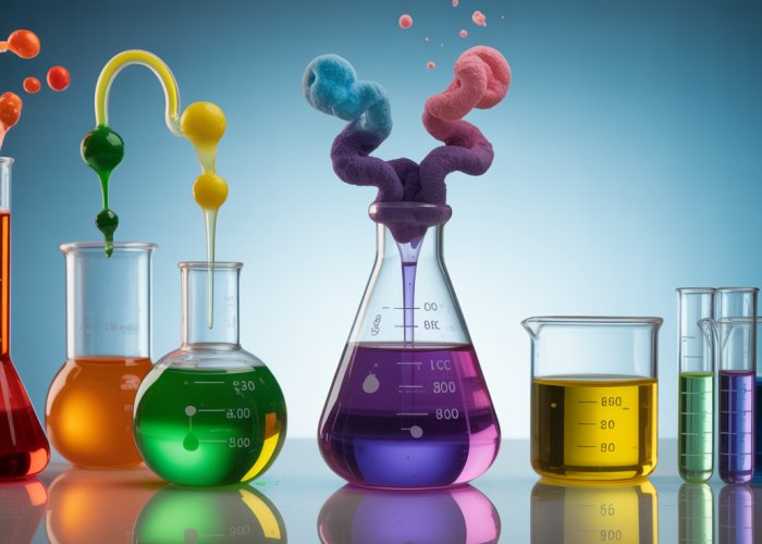 Colorful chemical reaction experiment with bubbling liquids in lab glassware.