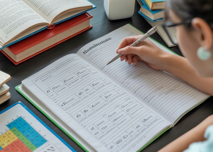 Student completing a chemistry nomenclature worksheet, surrounded by learning materials.