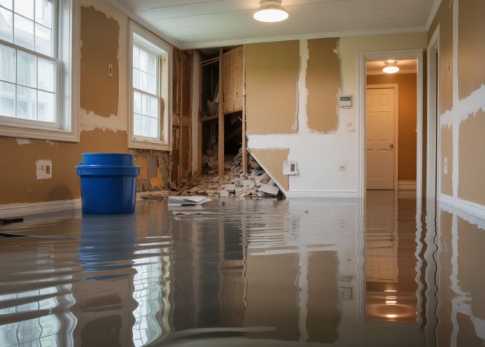 Water damaged basement in Chicago home needing repair after a flood.