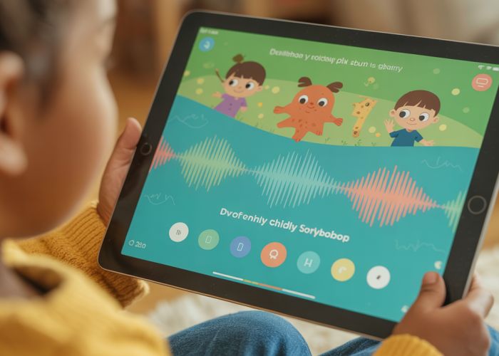 Tablet displaying children's storybook app using a child TTS voice for narration.