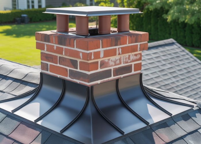 Chimney cricket flashing properly installed to prevent water damage.