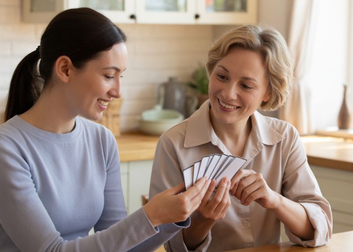 Daughter teaching her mother Chinese in the kitchen, using flashcards, both smiling.