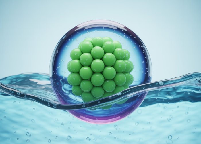 Illustration of a chlorate(I) ion (ClO-) surrounded by water molecules in solution, showing charge distribution.