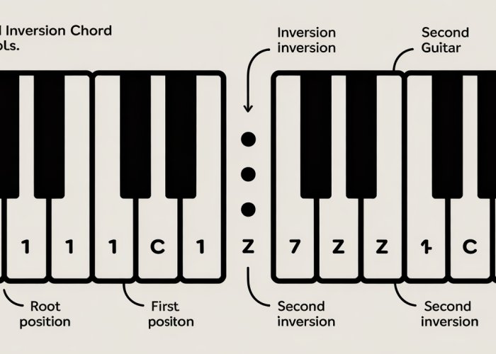Chord inversion symbols diagram for guitar and piano, showing root, first, and second inversions with corresponding notation.