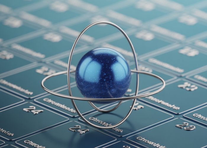 Illustration of a chromium atom showing protons, neutrons, and electron shells. Concept of atomic mass highlighted.