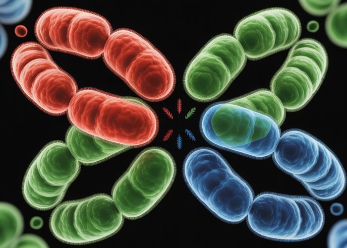 Microscopic view of chromosome crossing over during meiosis, showing genetic material exchange.