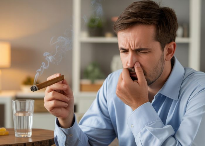 Man experiencing cigar sickness seeking relief.