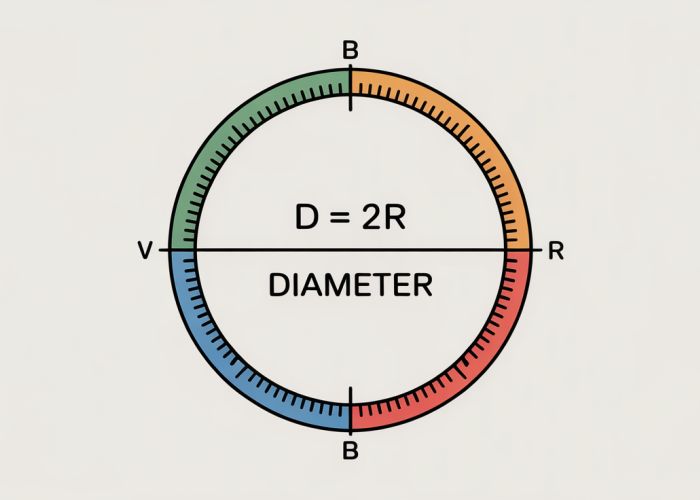 Illustration of a circle with diameter labeled and the formula d=2r shown.