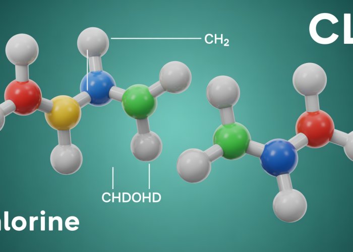 3D model of Chlorine (Cl2) showing linear molecular geometry with labeled bond length.