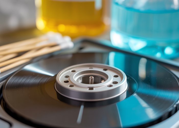 Close-up of a clean cassette head, showing a shiny and well-maintained audio component.