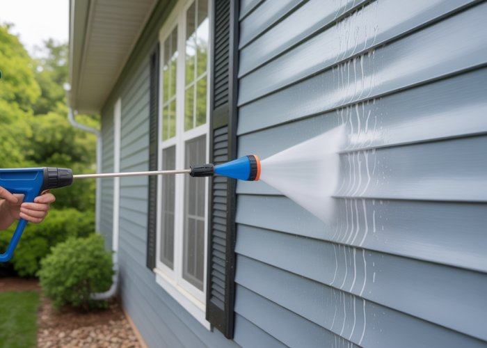 Aluminum siding being power washed, showing clean and dirty sections side-by-side.
