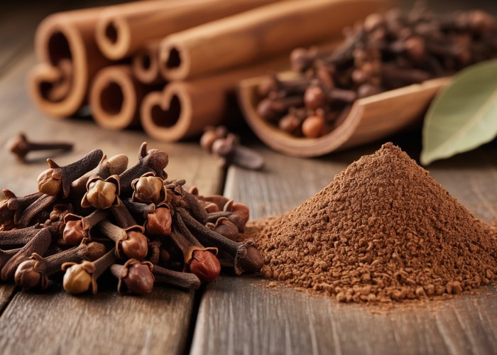 Comparison of whole cloves and ground allspice, showcasing their appearance.