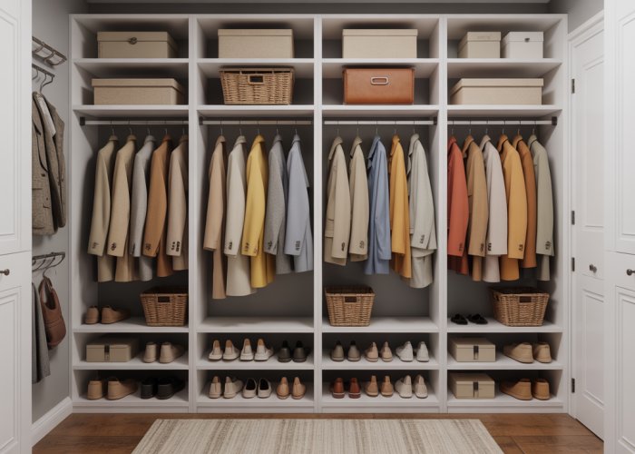 Well-organized coat closet with maximized depth for efficient storage.