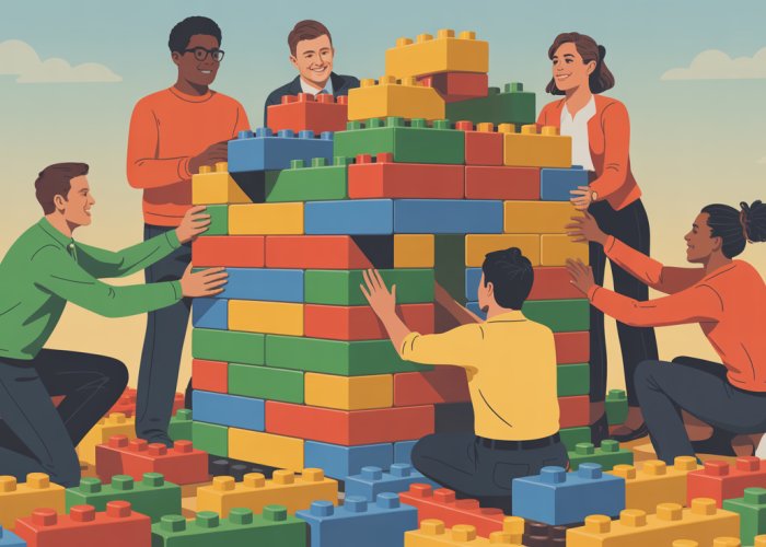 Group of diverse people building a large LEGO structure, symbolizing economic collaboration and prosperity.