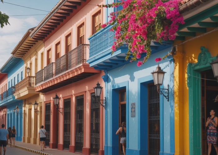 Colorful colonial building with wrought-iron balconies in a Spanish-speaking country.