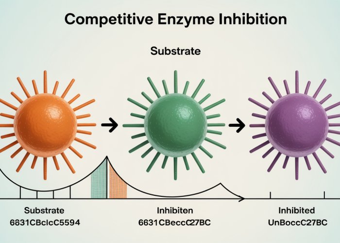 Illustration of competitive enzyme inhibition showing a substrate and inhibitor competing for an enzyme's active site. A Lineweaver-Burk plot shows the kinetic difference.