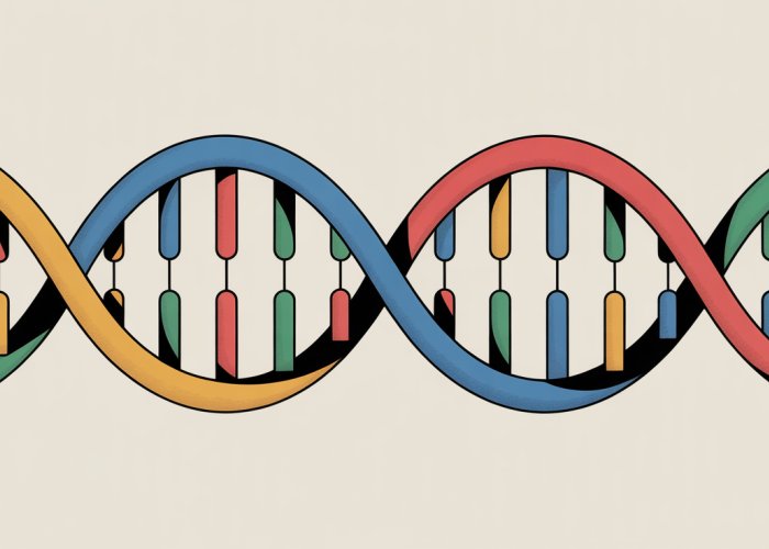 Illustration of a DNA double helix showing complementary base pairing: Adenine with Thymine, and Guanine with Cytosine.
