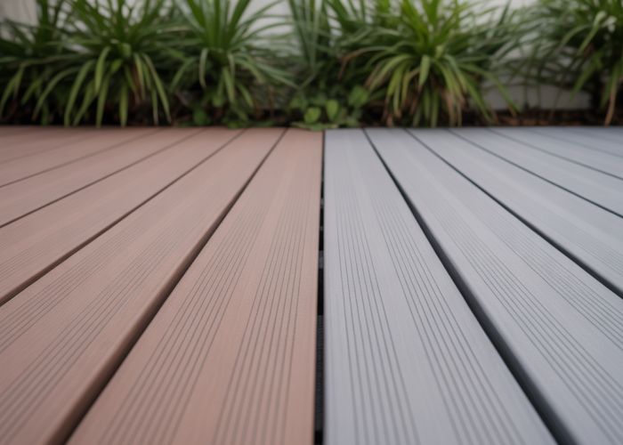 Faded composite decking compared to new decking, showing significant color loss due to sun exposure.