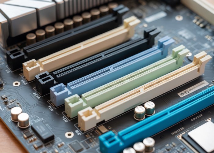 Computer motherboard showing PCIe and RAM expansion slots.