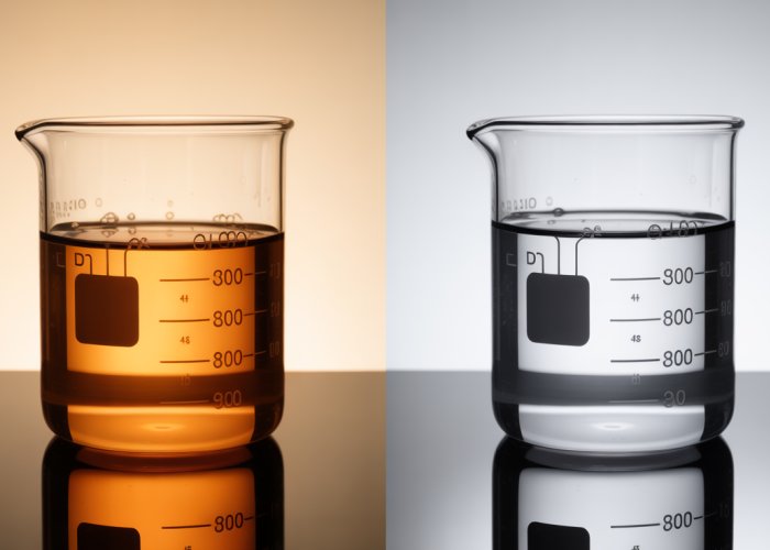 Side-by-side comparison of concentrated and dilute solutions in beakers, showing difference in color intensity.