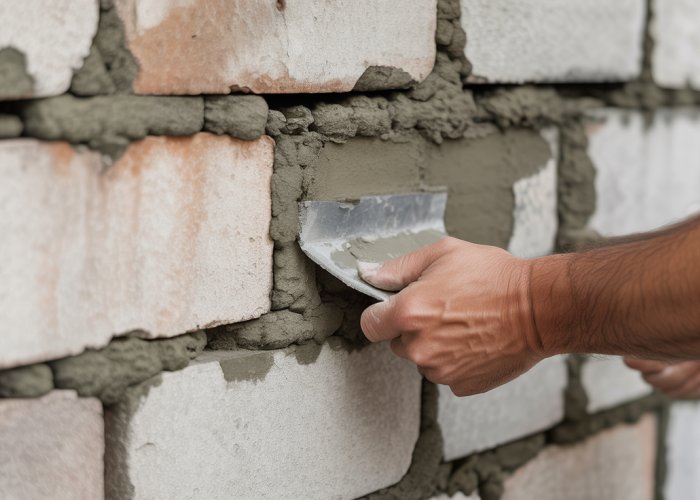 Mason repairing a cracked concrete block wall with mortar.
