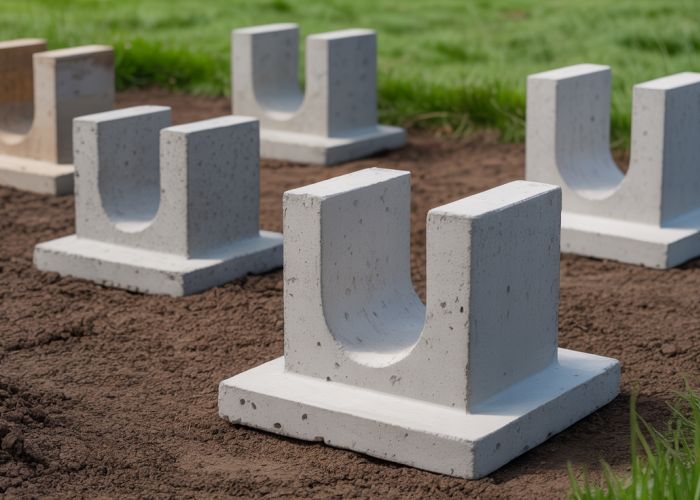 Close-up of different concrete post base styles and installation methods for deck or fence posts.
