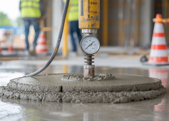 Concrete compressive strength test using a hydraulic jack, measuring PSI rating.
