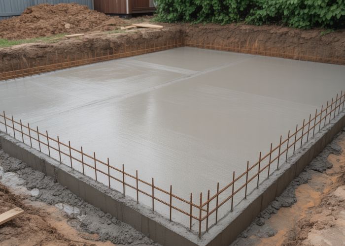 Newly poured concrete shed footings, ready for shed construction.