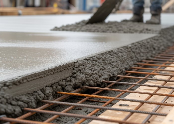 Close-up of concrete sidewalk under construction, highlighting the depth of the concrete and visible rebar.
