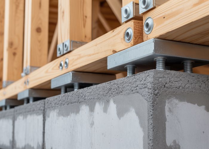 Close-up of concrete sole plates securely fastened to a timber frame structure.