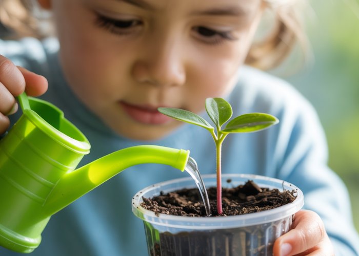 Child carefully watering a tiny seedling in a recycled container, showing the ability to conserve resources.