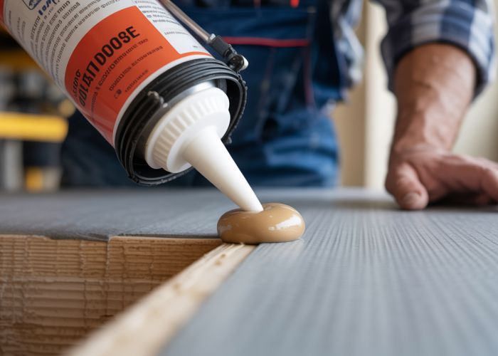 Close-up of construction worker applying mastic adhesive to join building materials.