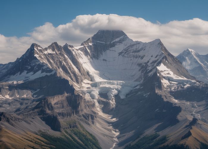 Snow-capped mountain range formed by the collision of tectonic plates at a convergent boundary.
