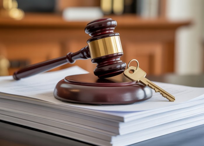 Gavel and house key symbolizing conveyance of title.