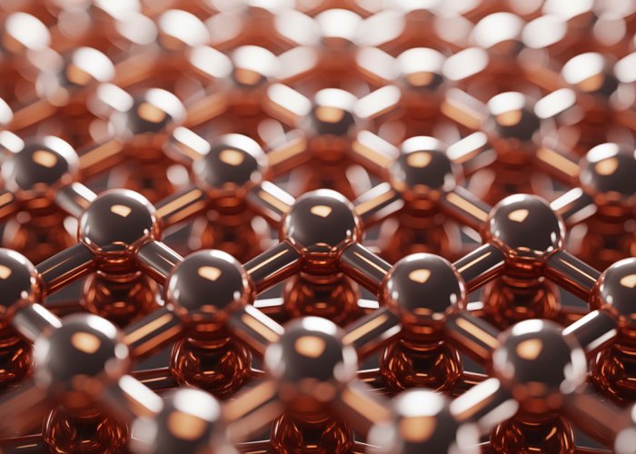 Microscopic view of a copper crystal lattice structure, showing the regular arrangement of copper atoms.