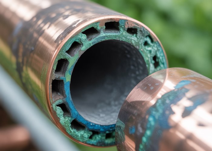 Severely corroded copper pipe with green and blue oxidation.