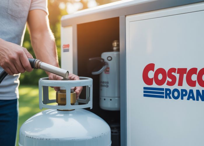 Refilling propane tank at Costco for affordable grilling.