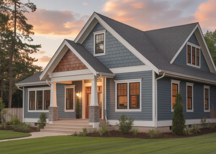 Craftsman style house featuring contrasting gable end siding, showcasing architectural detail and curb appeal.