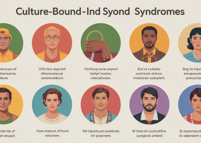 Infographic explaining culture-bound syndromes with examples like Amok, Koro, and Anorexia.
