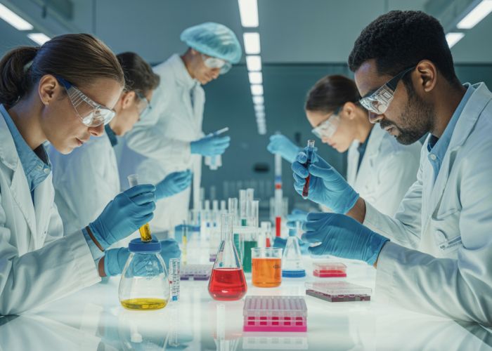 Scientists preparing culture media in a lab